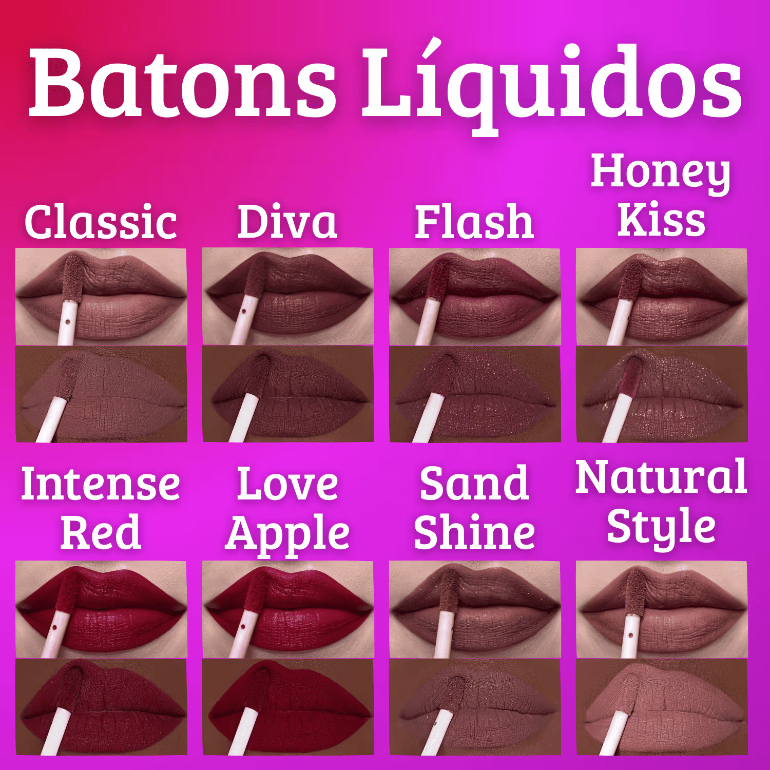 A imagem mostra a aplicação nos lábios das diferentes tonalidades do batom líquido matte da Bitarra Beauty: Classic, Diva, Flash, Honey Kiss, Intense Red, Love Apple, Sand Shine e Natural Style.