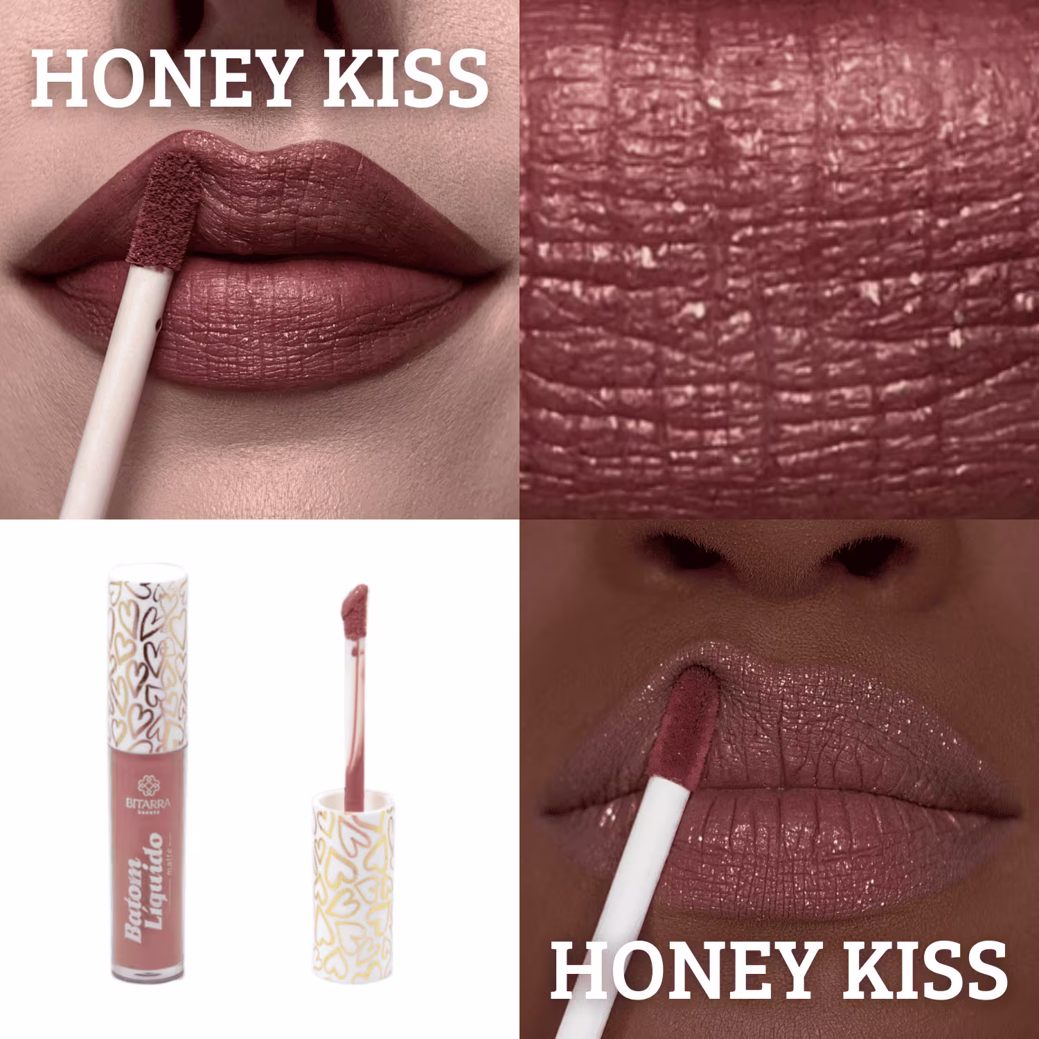 A imagem mostra Bitarra Beauty Honey Kiss, um batom líquido de cor marrom avermelhada.  Imagens mostram detalhes da aplicação do produto nos lábios, revelando uma tonalidade de marrom avermelhada.