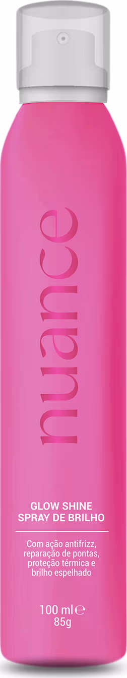 Spray de brilho da marca Nuance Professional, com o nome "Glow Shine". O frasco é de cor rosa vibrante, com um aplicador na parte superior. O texto no rótulo indica que o produto possui ação antifrizz, reparação de pontas e proteção térmica e brilho.