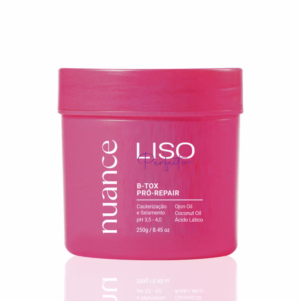 Tratamento capilar da marca Nuance Professional, chamado B-Tox Pro-Repair. A embalagem é um pote rosa com tampa rosada, contendo 250g do produto.