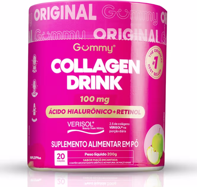 Suplemento alimentar da marca Gummy. Rótulo frontal com o nome "Collagen Drink" em letras brancas grandes e o logotipo "Gummy Original" abaixo. Informações adicionais como "100mg", "Ácido Hialurônico + Retinol" e "Verisol" estão presentes.