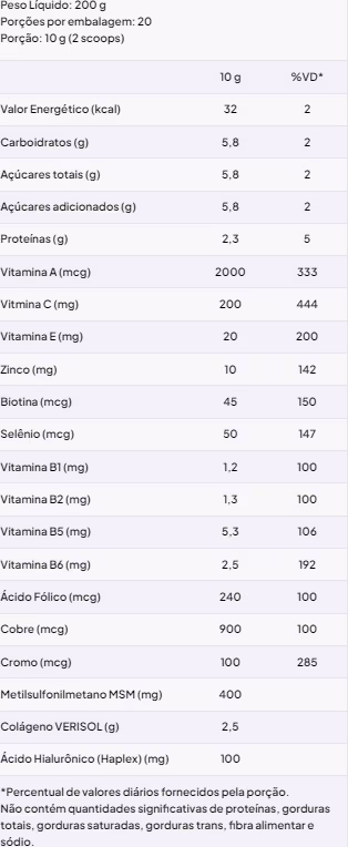 Rótulo nutricional. Embalagem de 200g contendo 20 porções de 10g cada. Valores por porção de 10g, incluindo calorias, carboidratos, proteínas, vitaminas e minerais como vitamina A, C, E, zinco, biotina, selênio, vitaminas B1, B2, B5, B6, ácido fólico,