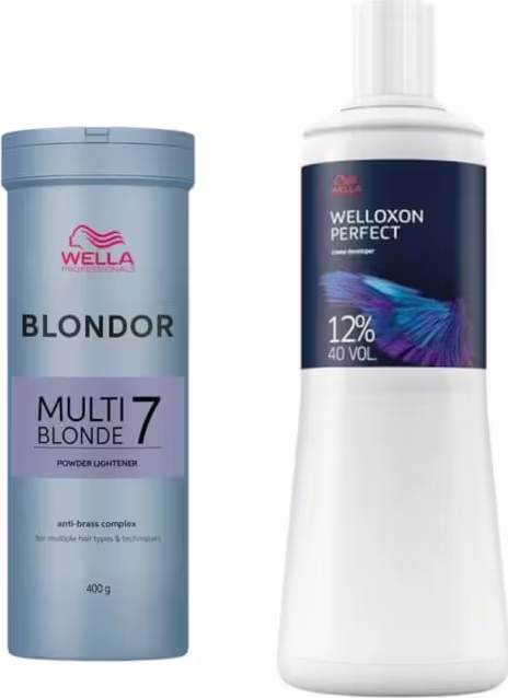Dois produtos Wella Professionals: Blondor Multi Blonde 7, um pó descolorante em embalagem azul, e Welloxon Perfect, um oxidante em embalagem branca com detalhes azuis, ambos com informações sobre seus usos e características.