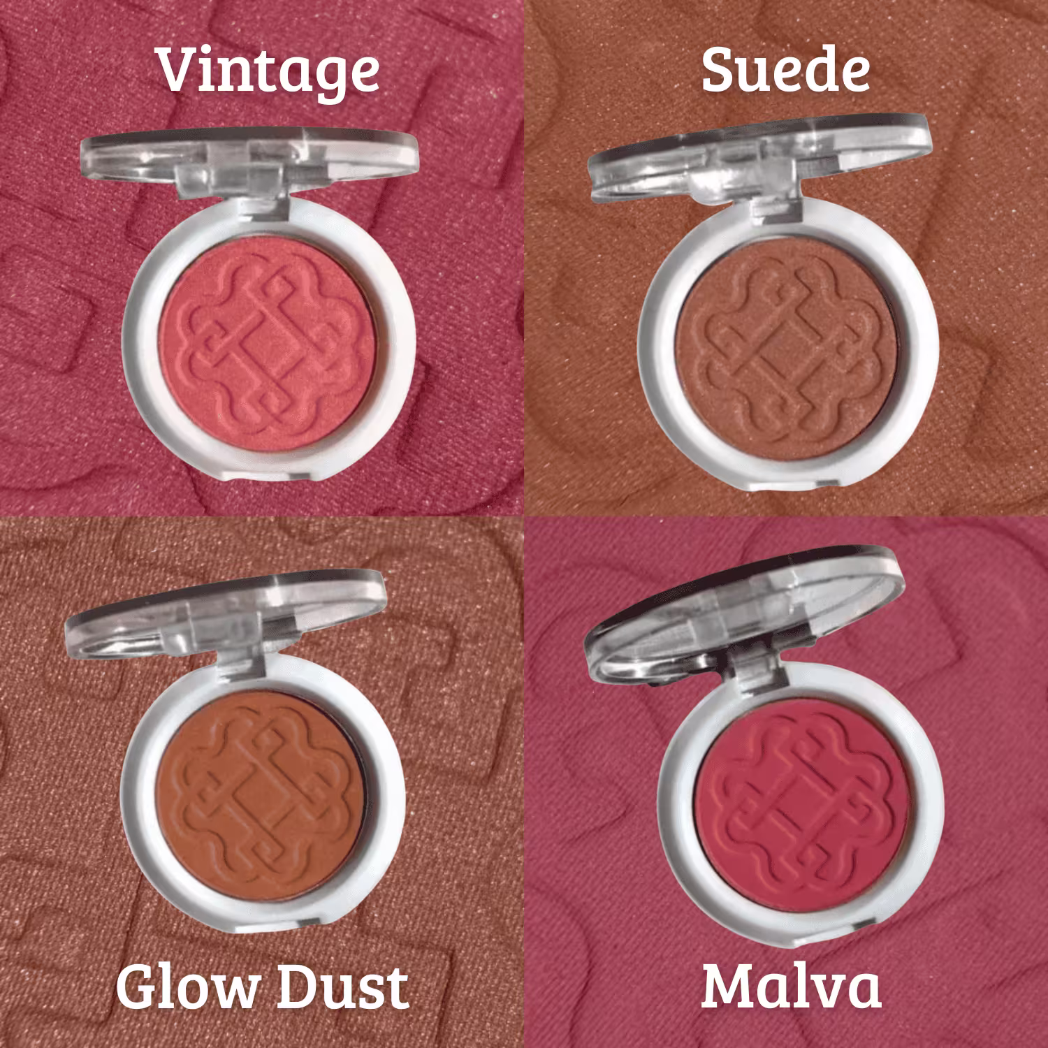 Quatro compactos de blush com diferentes cores: Vintage (rosa), Suede (marrom), Glow Dust (laranja) e Malva (rosa). 