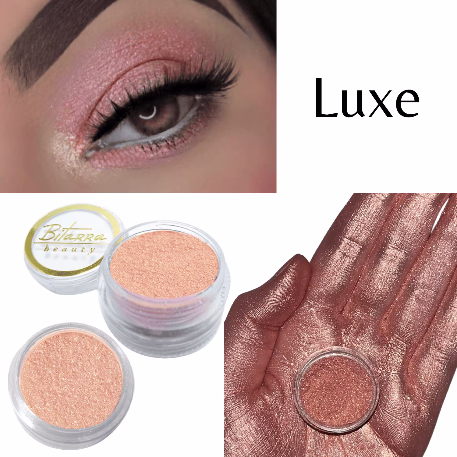 Bitarra Beauty eye shadow Luxe em embalagem redonda, com textura brilhante e cor rosada.