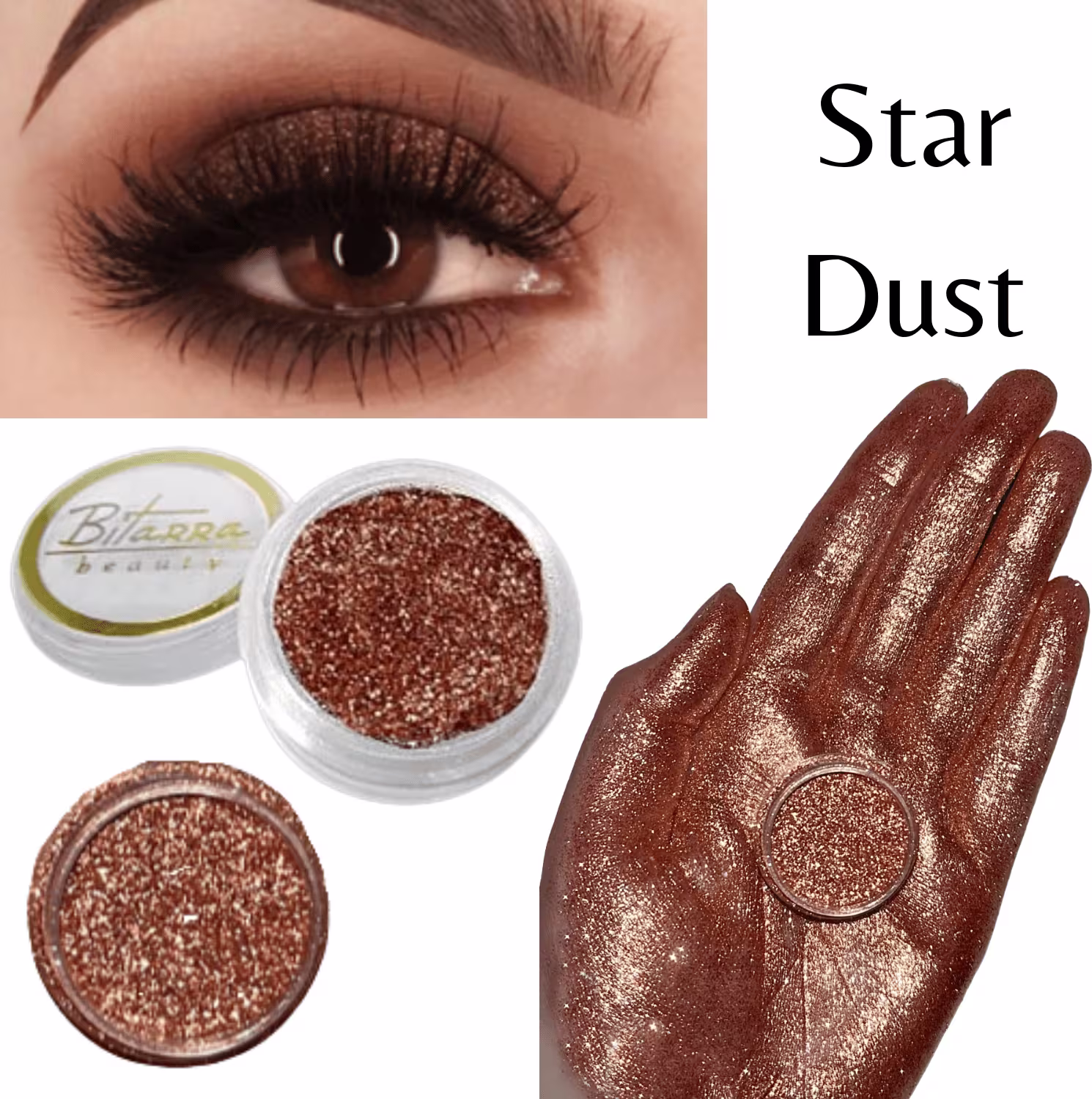Bitarra Beauty Star Dust, um brilhante pó cintilante em embalagem de plástico transparente, com textura granulada e tom bronze dourado