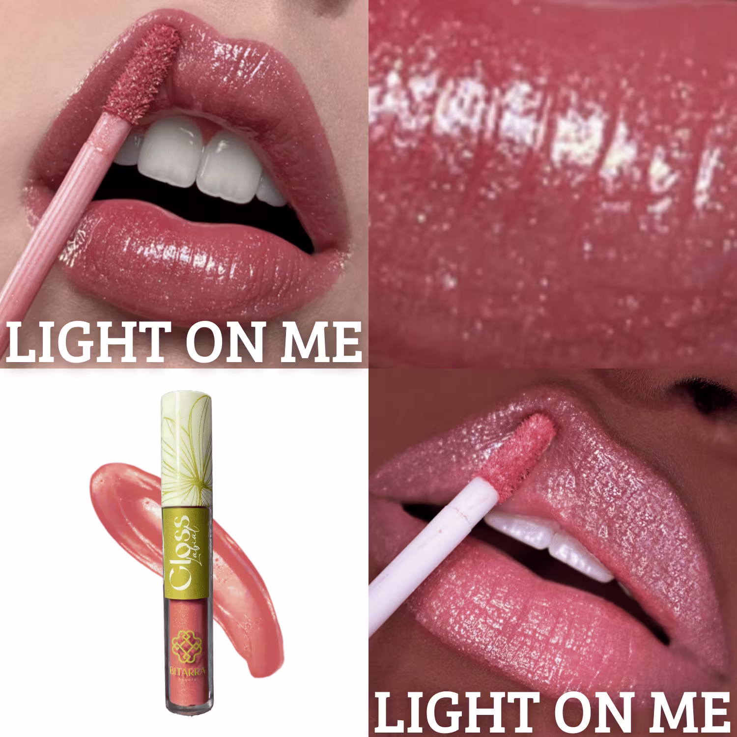 O produto de beleza Bitarra Beauty apresenta um brilho labial com embalagem cilíndrica amarela e rótulo com o texto "Light on me". A imagem mostra os lábios com o produto aplicado, exibindo uma cor rosada brilhante e textura acetinada.
