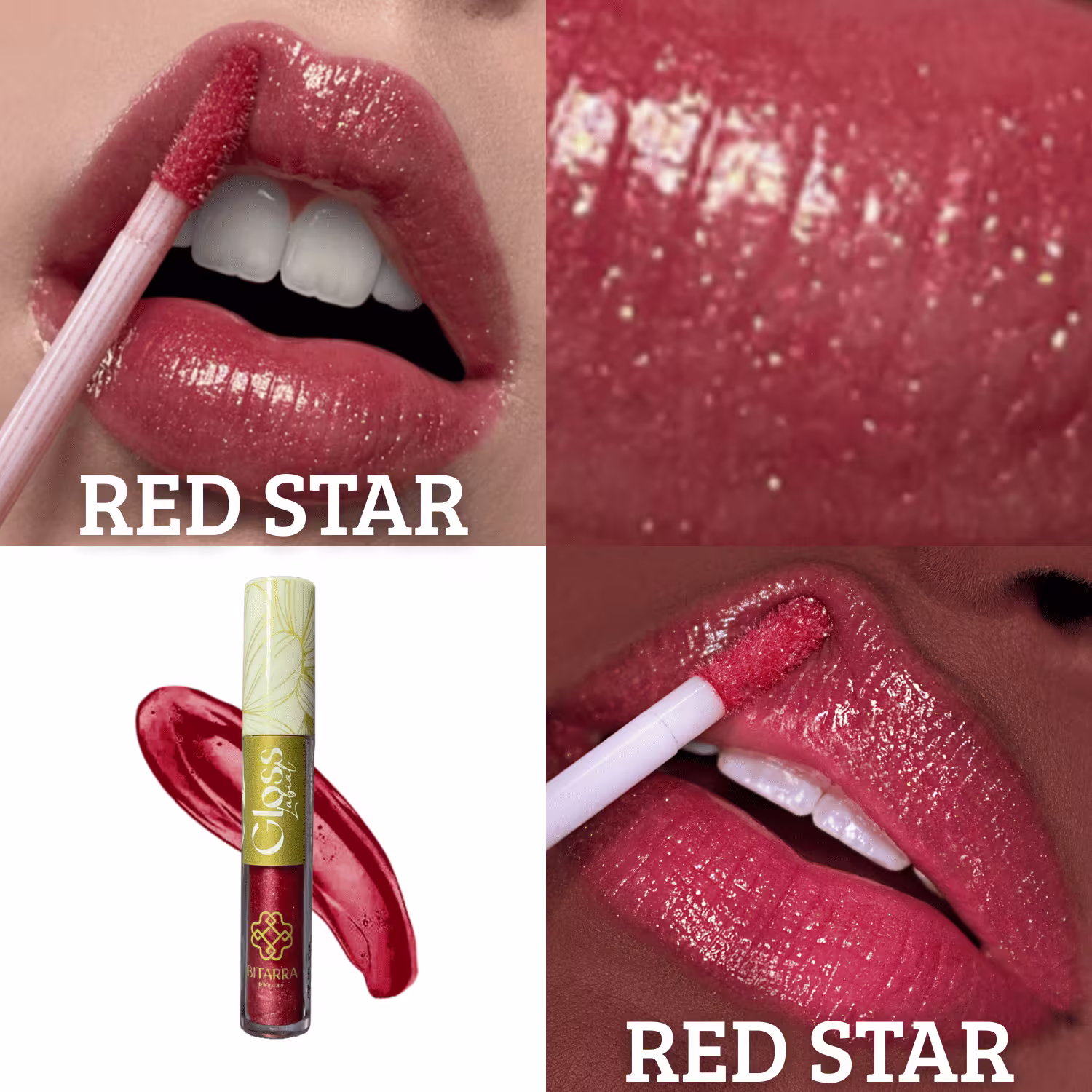 Brilho labial vermelho brilhante da marca Bitarra Beauty, com embalagem cilíndrica amarela e rótulo com o nome "Red Star". Imagens mostram o produto aplicado nos lábios, destacando sua cor vibrante e brilhante.