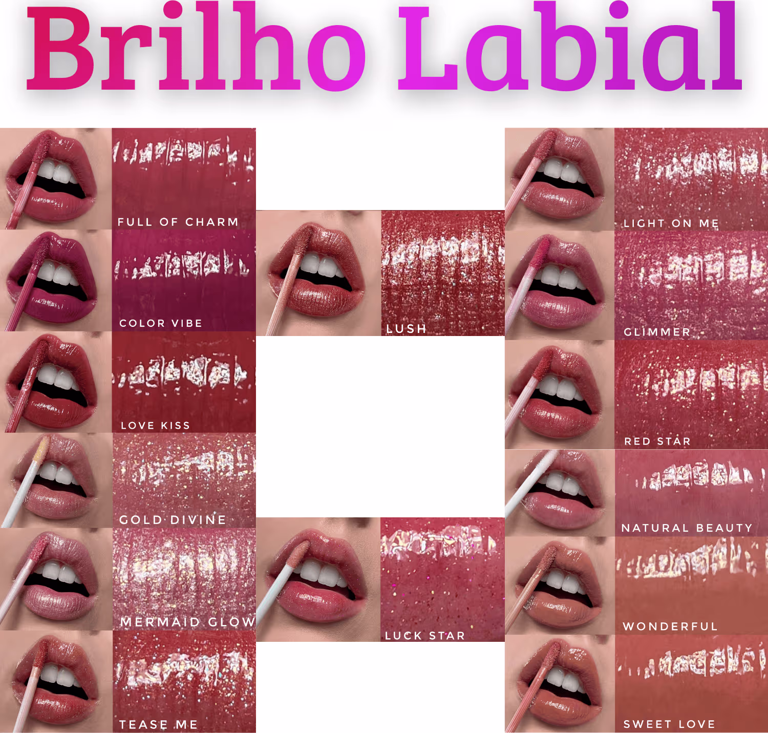 A imagem mostra o brilho labial Bitarra Beauty na cor "Full of Charm", apresentando um tom rosa. A imagem mostra ainda  lábios com o brilho aplicado, destacando sua cor vibrante e brilho.