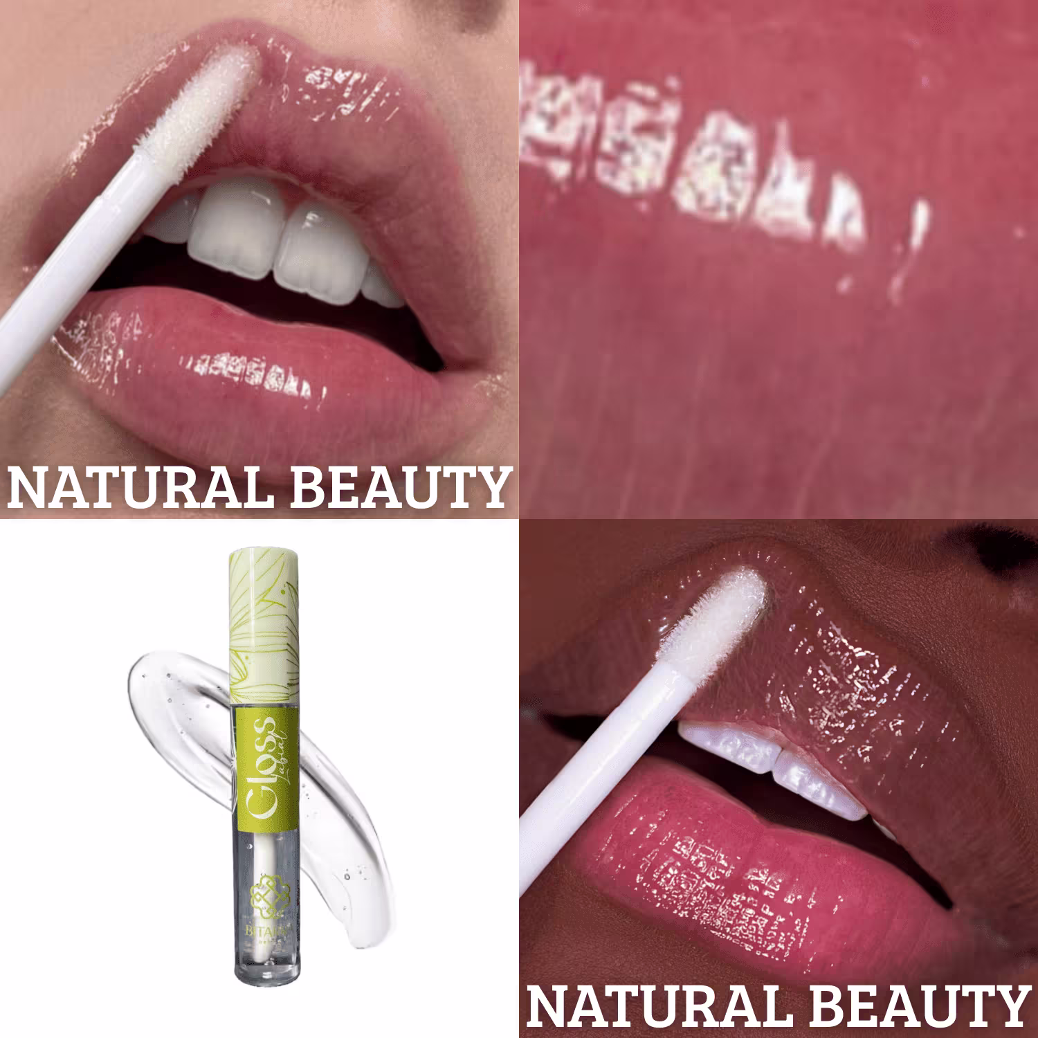Brilho Labial Bitarra Beauty em embalagem cilíndrica, com texto "Natural Beauty" em destaque. Imagens de lábios com aplicação do produto, mostrando seu efeito brilhante e natural.
