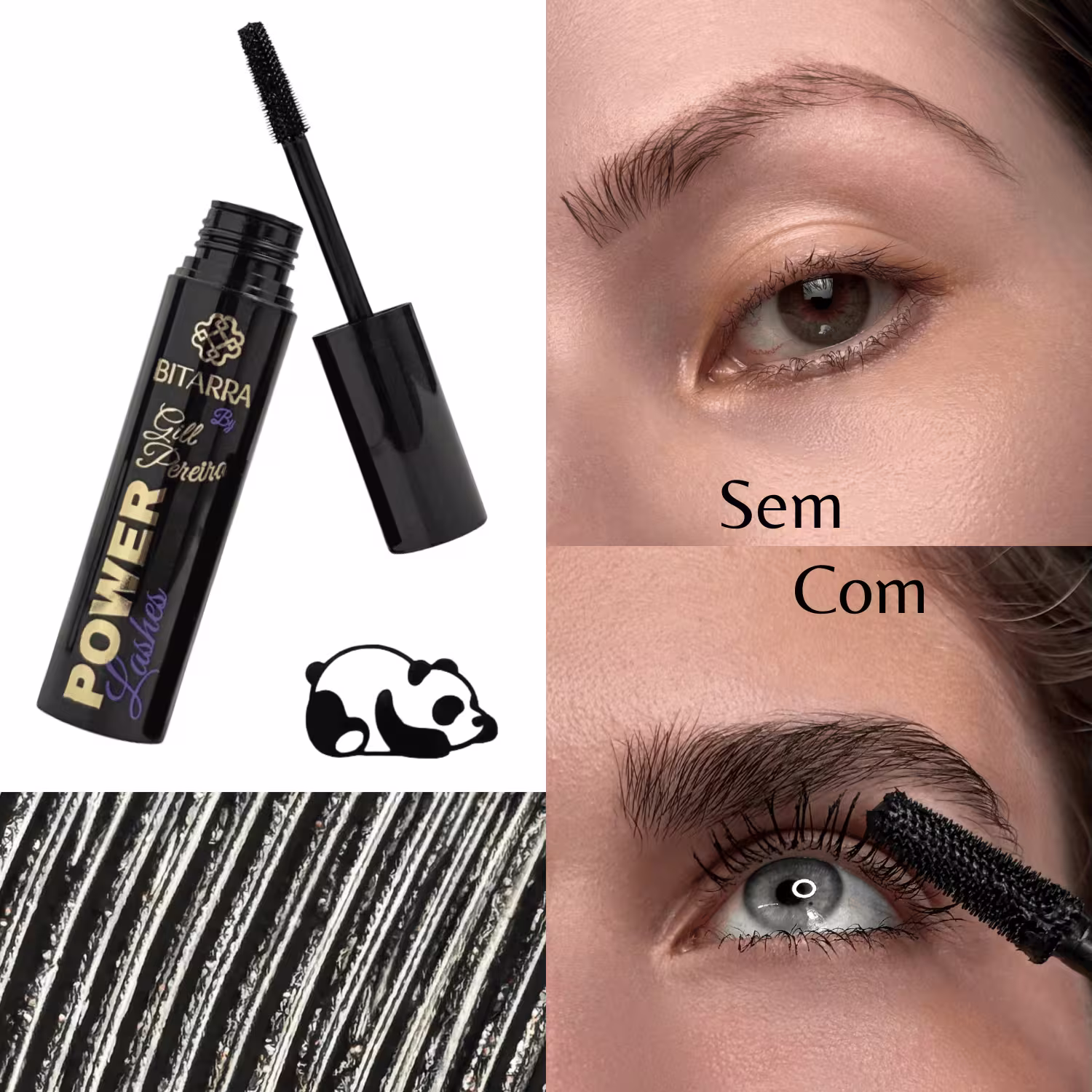 Imagem de um produto de maquiagem da marca Bitarra Beauty, com um aplicador de rímel preto e o logotipo da marca. O ambiente sugere um contexto de beleza e cuidados com os olhos.