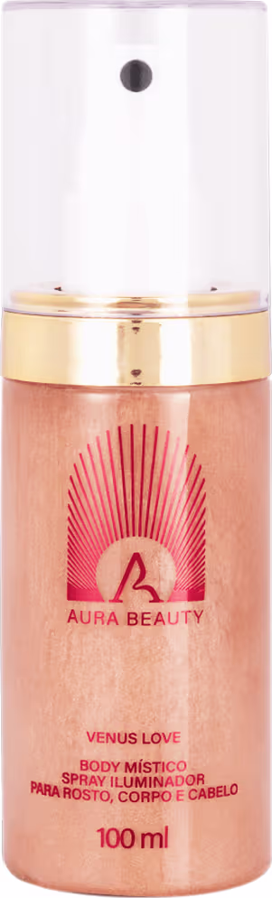 Frasco de spray corporal Aura Beauty Venus Love, com embalagem de vidro transparente e detalhes em dourado e laranja, contendo 100ml do produto.