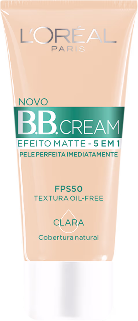 Tubo de BB Cream da L'Oréal Paris com efeito matte, FPS 50 e cobertura natural. Embalagem em tons de bege e verde, com o logo da marca e informações sobre o produto.
