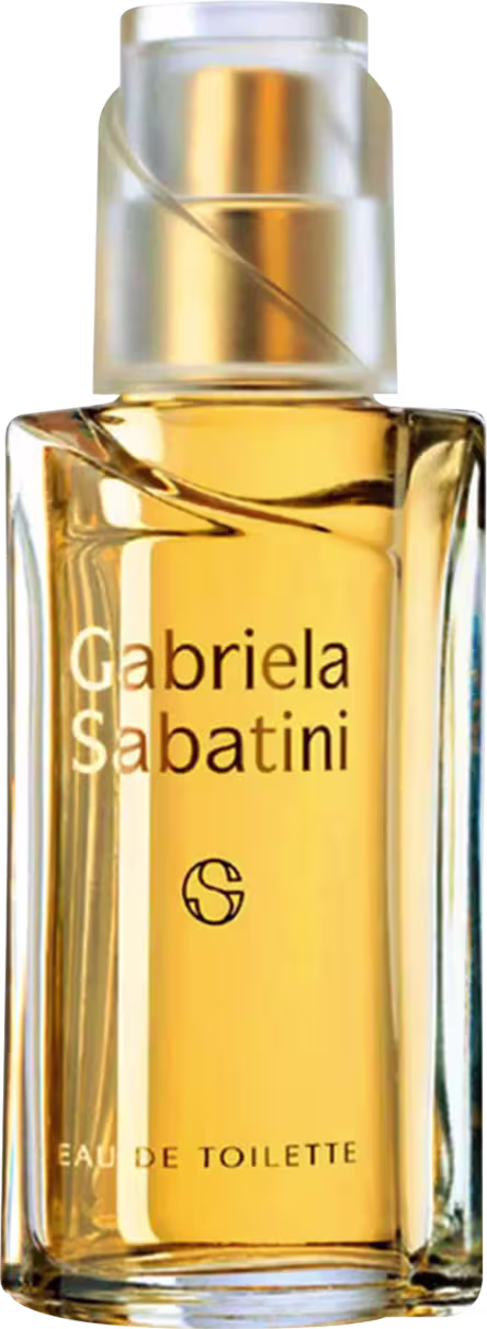 Frasco de perfume Gabriela Sabatini em formato retangular, com tampa dourada e rótulo amarelo com o nome da marca em destaque. O produto é uma Eau de Toilette, com a embalagem em vidro transparente que permite visualizar o líquido dourado no interior.