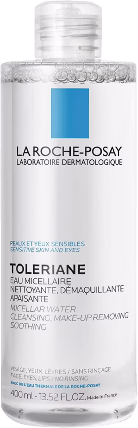 Frasco de 400 ml da linha Toleriane da La Roche-Posay, contendo água micelar para limpeza e remoção de maquiagem, com rótulo branco e azul.