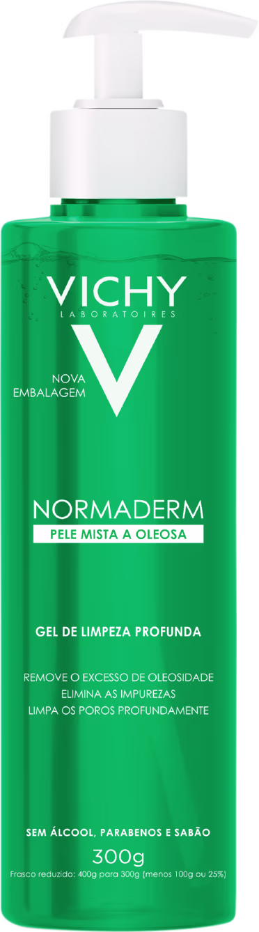 Frasco verde da linha Normaderm da Vichy, com bomba doseadora branca, contendo gel de limpeza profunda para pele mista a oleosa, sem álcool, parabenos e sabão.