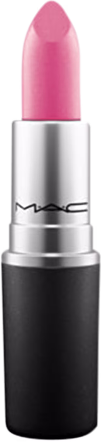 A imagem mostra uma embalagem de batom, redonda, preta e prata, com logo da marca na parte prata com letras pretas e sem a tampa, com o batom rosa à mostra.