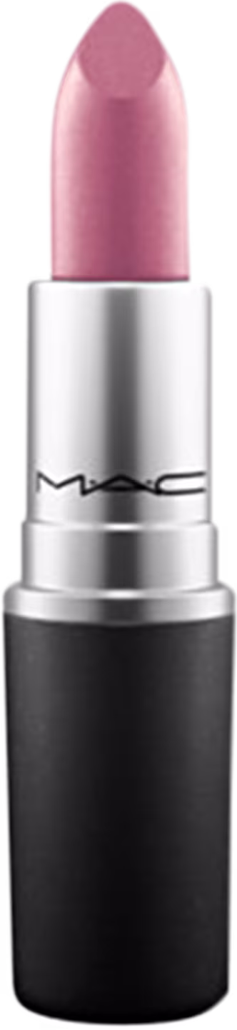 A imagem mostra uma embalagem de batom, redonda, preta e prata, com logo da marca na parte prata com letras pretas e sem a tampa, com o batom rosa à mostra.