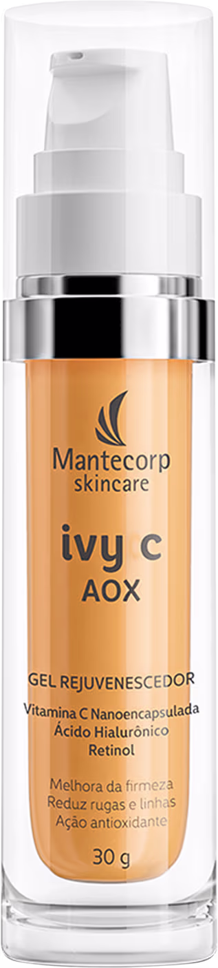 Frasco cilíndrico de 30g transparente com tampa branca. Rótulo laranja com o nome do produto "ivy c AOX" e a marca "Mantecorp skincare". Descrição indicando que contém vitamina C nanoencapsulada, ácido hialurônico e retinol.