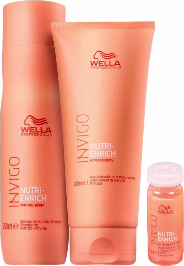 Kit com shampoo, condicionador e ampola Nutri-Enrich, da marca Wella Professionals.