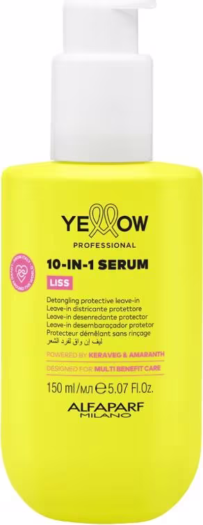 Frasco amarelo de 150 ml do sérum 10-em-1 da linha Yellow Professional, com rótulo destacando os benefícios do produto para os cabelos.