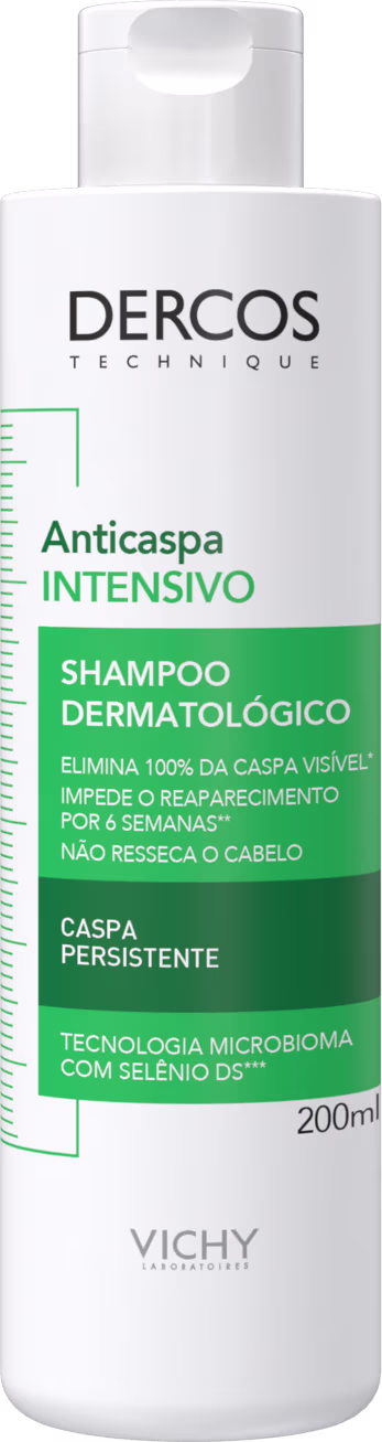 Frasco branco com rótulo verde da marca Dercos Shampoo Anticaspa Intensivo de 200ml, com tecnologia microbioma e selênio DS para caspa persistente.