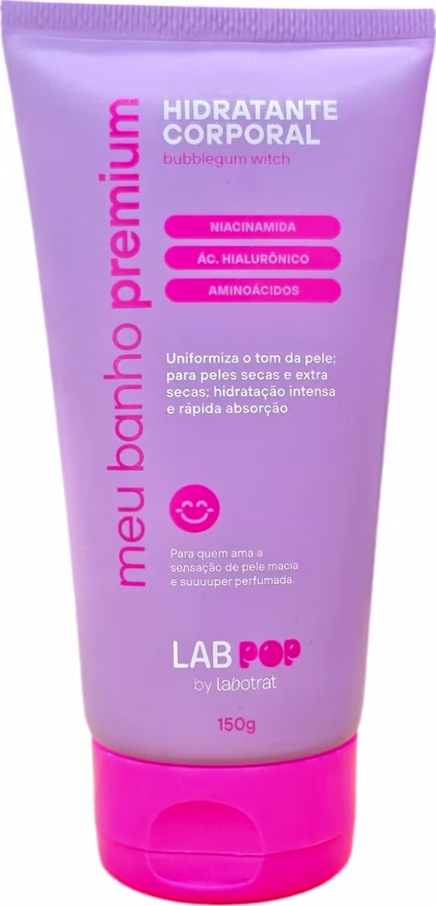 Hidratante corporal da marca Labotrat, em embalagem de tubo de 150g, com predominância das cores lilás e rosa. O rótulo destaca os principais ingredientes, como niacinamida, ácido hialurônico e aminoácidos.