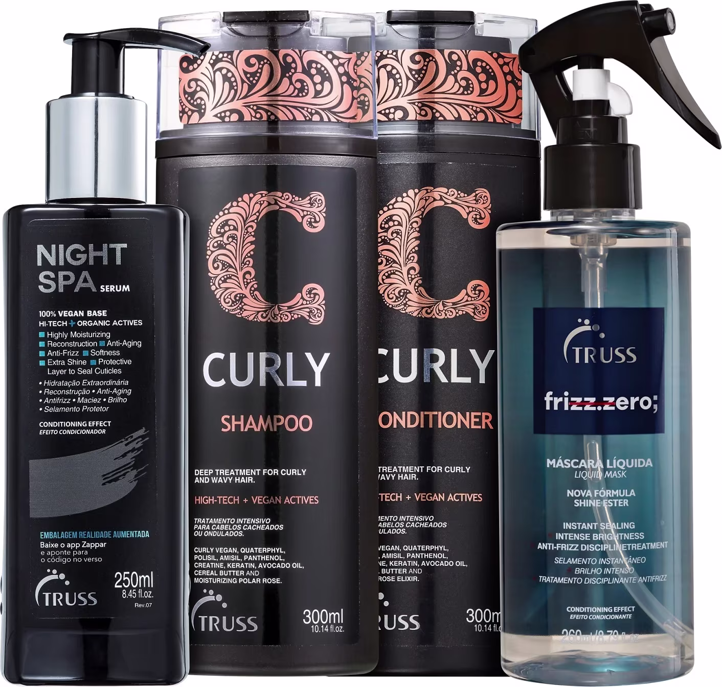 Kit TRUSS Curly + Night SPA + Frizz Zero, 4 produtos.