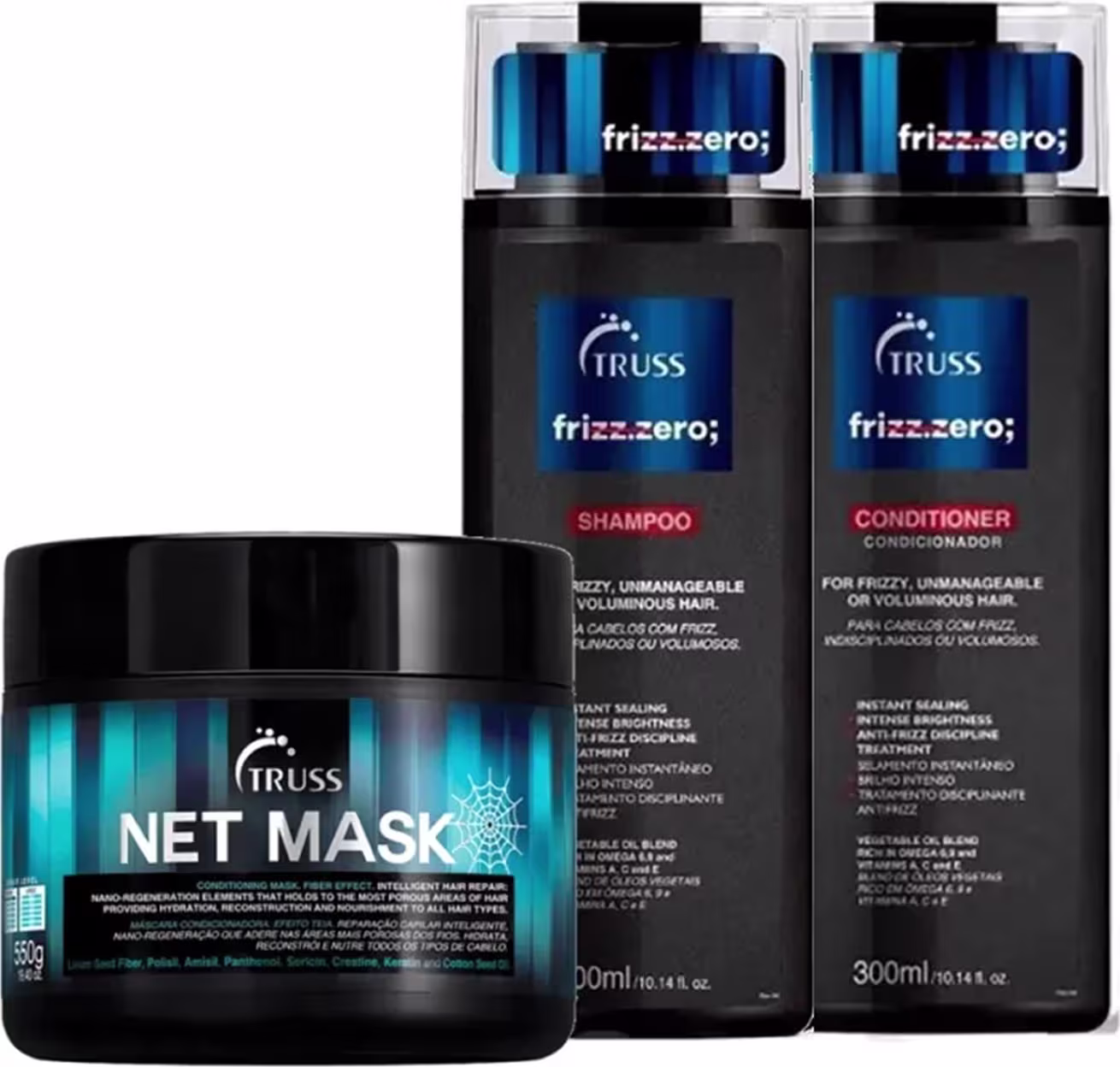 Kit TRUSS Frizz Zero Net Mask Trio, 3 produtos.