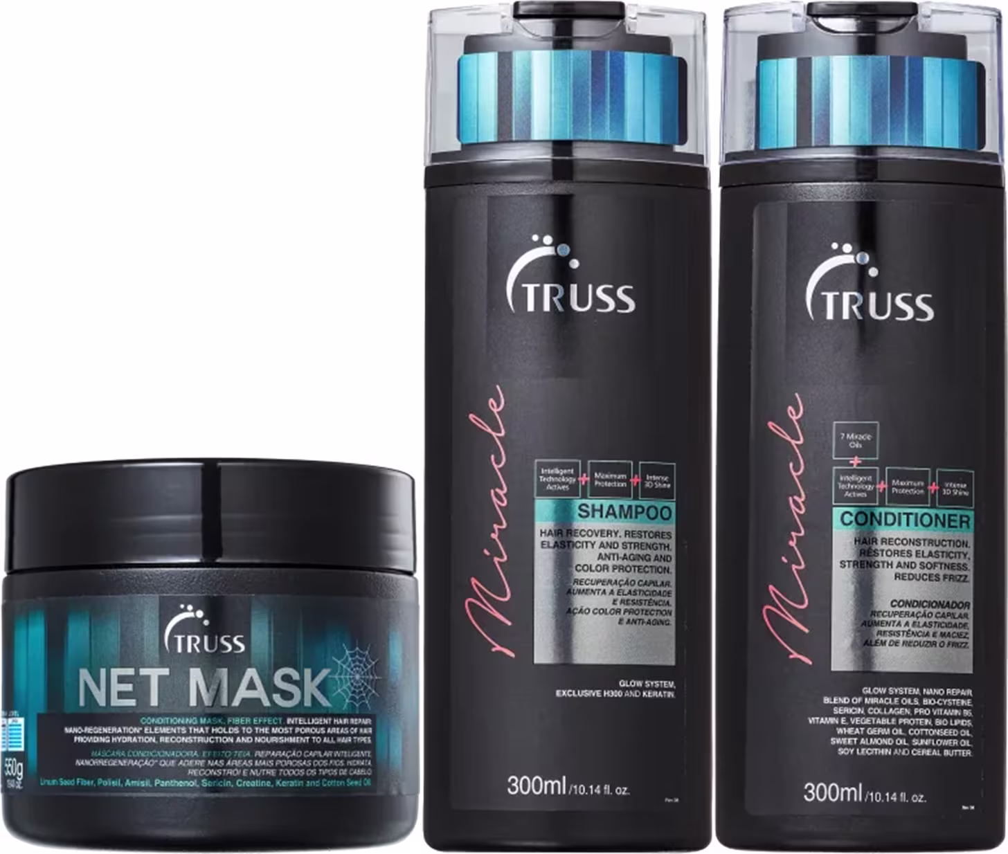 Kit TRUSS Miracle + Net Mask Trio Care, 3 produtos.
