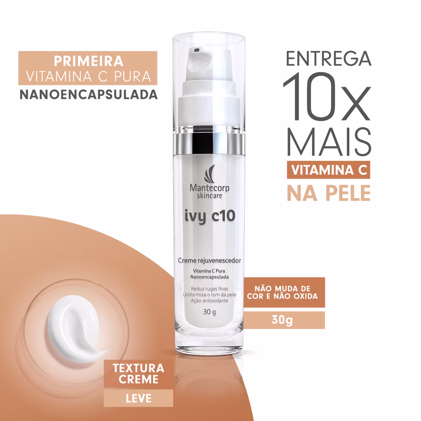 Entrega 10x mais vitamina c na pele, não muda de cor nem oxida, tem textura creme leve.