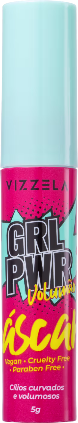 Frasco de rímel da marca Vizzela, com embalagem em tons de azul e rosa, com a inscrição "GRL PWR Volume" e "Ísca" no rótulo. O produto é descrito como vegano, livre de crueldade animal e parabenos.