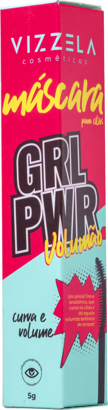 Caixa vermelha e amarela de um produto cosmético da marca Vizzela, chamado "Mascara GRL PWR Volumizing", com texto em português indicando que o produto promove curva e volume.