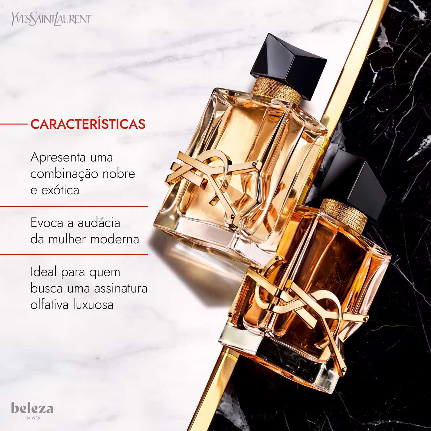 Frasco de item de perfumaria da marca Yves Saint Laurent com combinação nobre e exótica, evocando a audácia da mulher moderna, ideal para quem busca uma assinatura olfativa luxuosa.