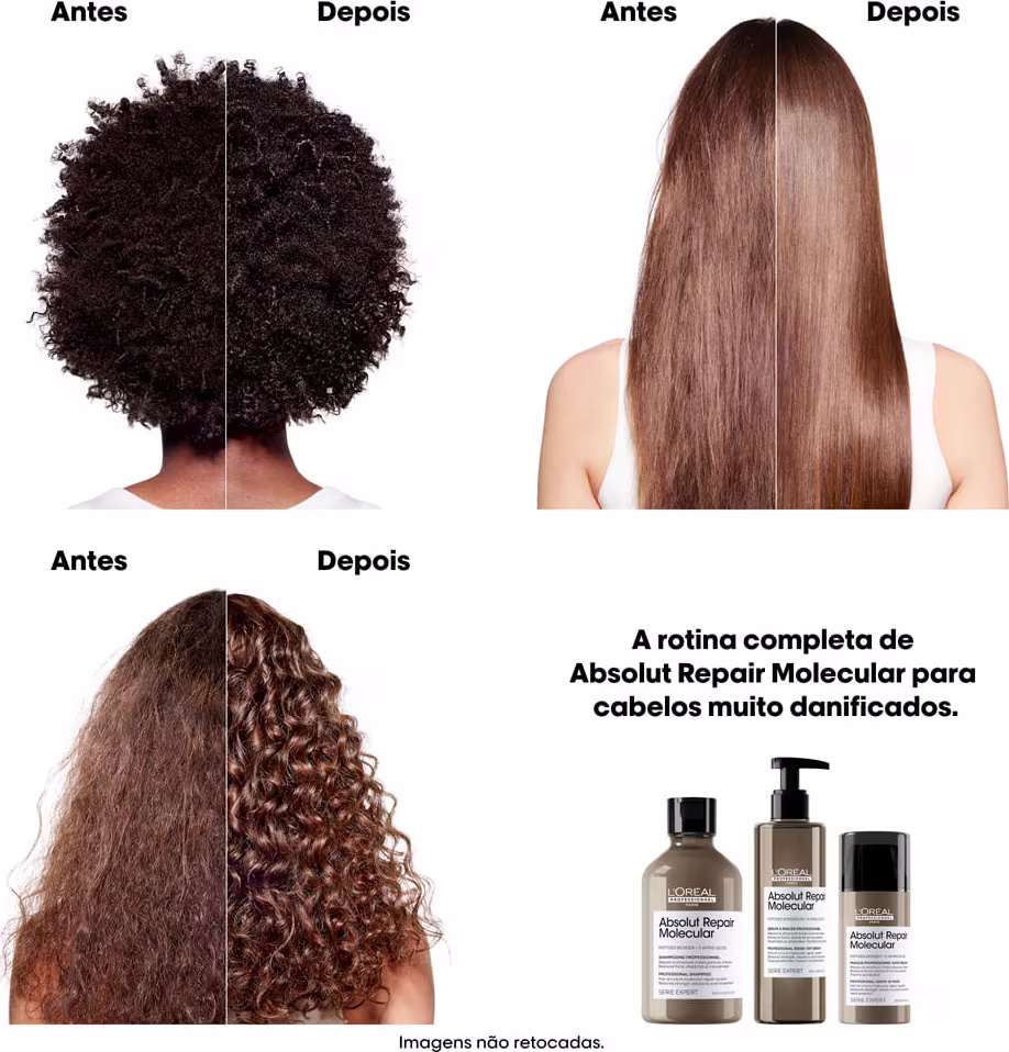 A imagem mostra 3 pessoas com 3 diferentes tipos de cabelos, mostrando o antes e depois dos cabelos com a linha Absolut Repair Molecular, texto destaca: rotina completa para cabelos muito danificados.
