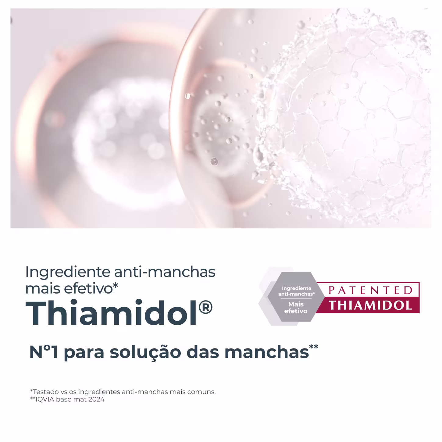 Embalagem de produto de perfumaria com ingrediente anti-manchas patenteado chamado Thiamidol, apresentado como solução efetiva para manchas na pele.
