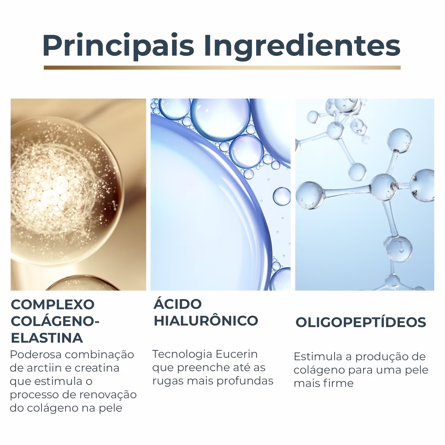 Imagem mostra três ingredientes principais: complexo colágeno-elastina, ácido hialurônico e oligopeptídeos. Texto legível descreve os benefícios de cada ingrediente para a pele.