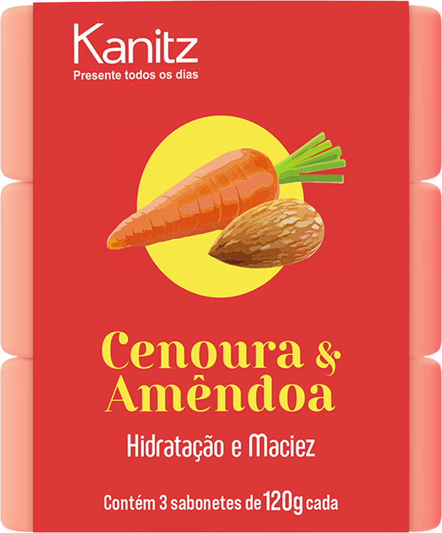 Caixa laranja com logotipo Kanitz contendo 3 sabonetes de 120g cada, com imagem de cenoura e amendoim, indicando hidratação e maciez.