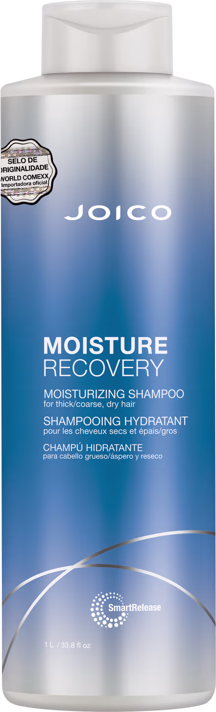 Frasco de shampoo Joico Moisture Recovery, com embalagem em tons de azul e branco, contendo 1 litro do produto.