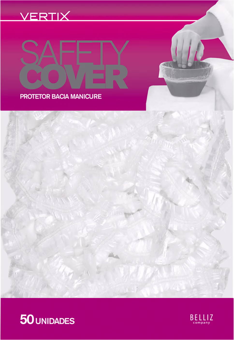 Embalagem de plástico transparente contendo 50 unidades de protetores de mãos para manicure da marca Vertix, com texto "Safety Cover" e logotipo da marca em fundo rosa.