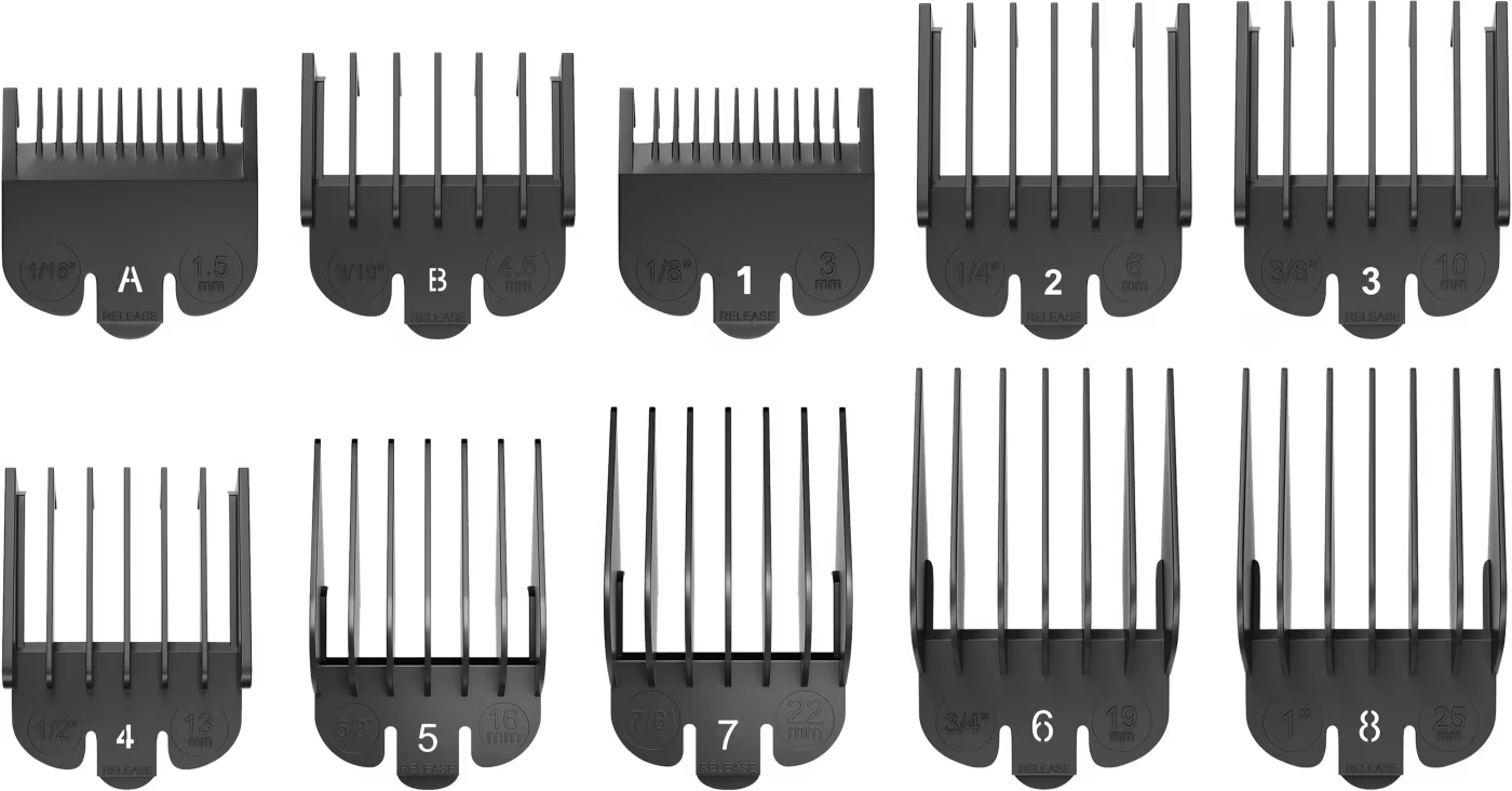 Conjunto de pentes de corte de cabelo com diferentes tamanhos de dentes, apresentados em preto e branco. Cada pente possui uma numeração indicando o comprimento de corte correspondente.