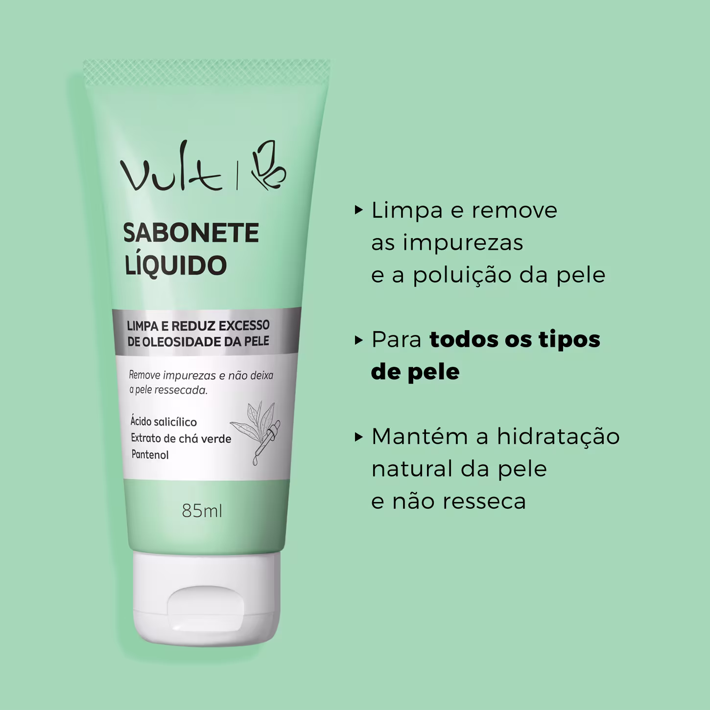 Limpa e remove as impurezas e a poluição da pele. Para todos os tipos de pele. Mantém a hidratação natural da pele e não resseca.