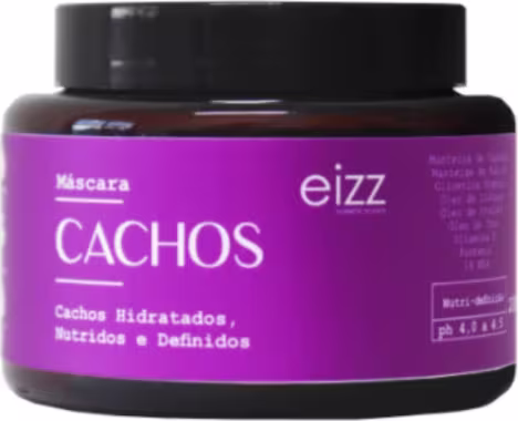 Frasco de máscara para cabelos cacheados da marca Eizz, com rótulo em fundo roxo e texto "Cachos Hidratados, Nutridos e Definidos".