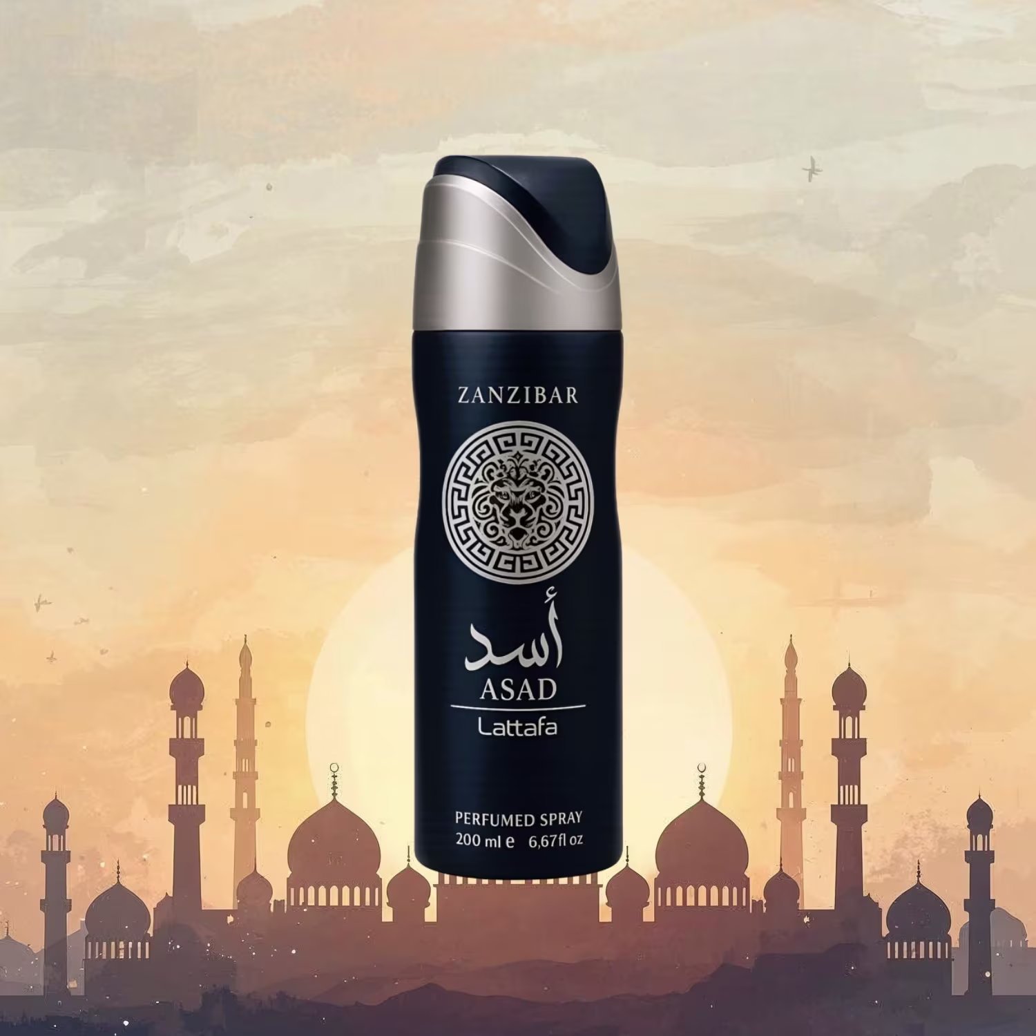 Frasco de desodorante Zanzibar Asad Lattafa com design elegante em preto e prata, exibindo logotipo e texto em árabe e inglês. Embalagem cilíndrica com tampa arredondada, apresentando 200 ml de conteúdo.