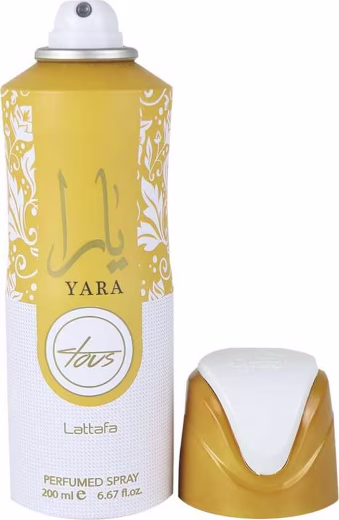 Frasco de desodorante Lattafa Yara, com design dourado e branco, contendo 200 ml de produto. O rótulo apresenta o nome da fragrância "Yara" em letras douradas.
