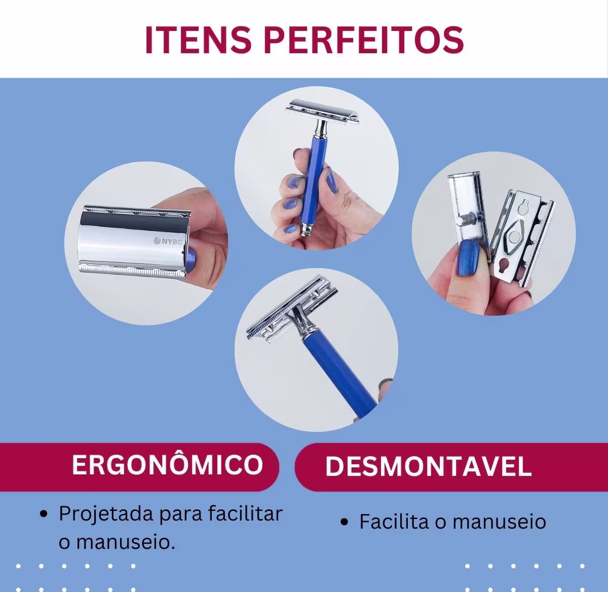 Kit NYBC Beauty Aparelho de Barbear Aço Inox + Cabo Azul Sexteto, 6 unidades.