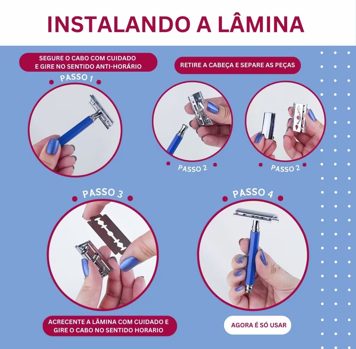 Kit NYBC Beauty Aparelho de Barbear Aço Inox + Cabo Azul, 8 unidades.