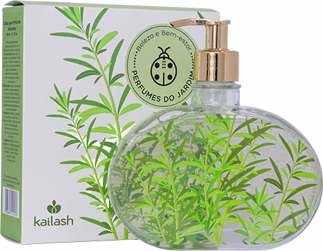 Frasco de perfume Kailash com design de folhas verdes em sua embalagem, contendo um líquido transparente. O rótulo apresenta o nome da marca e a indicação "Perfumes do Jardim".