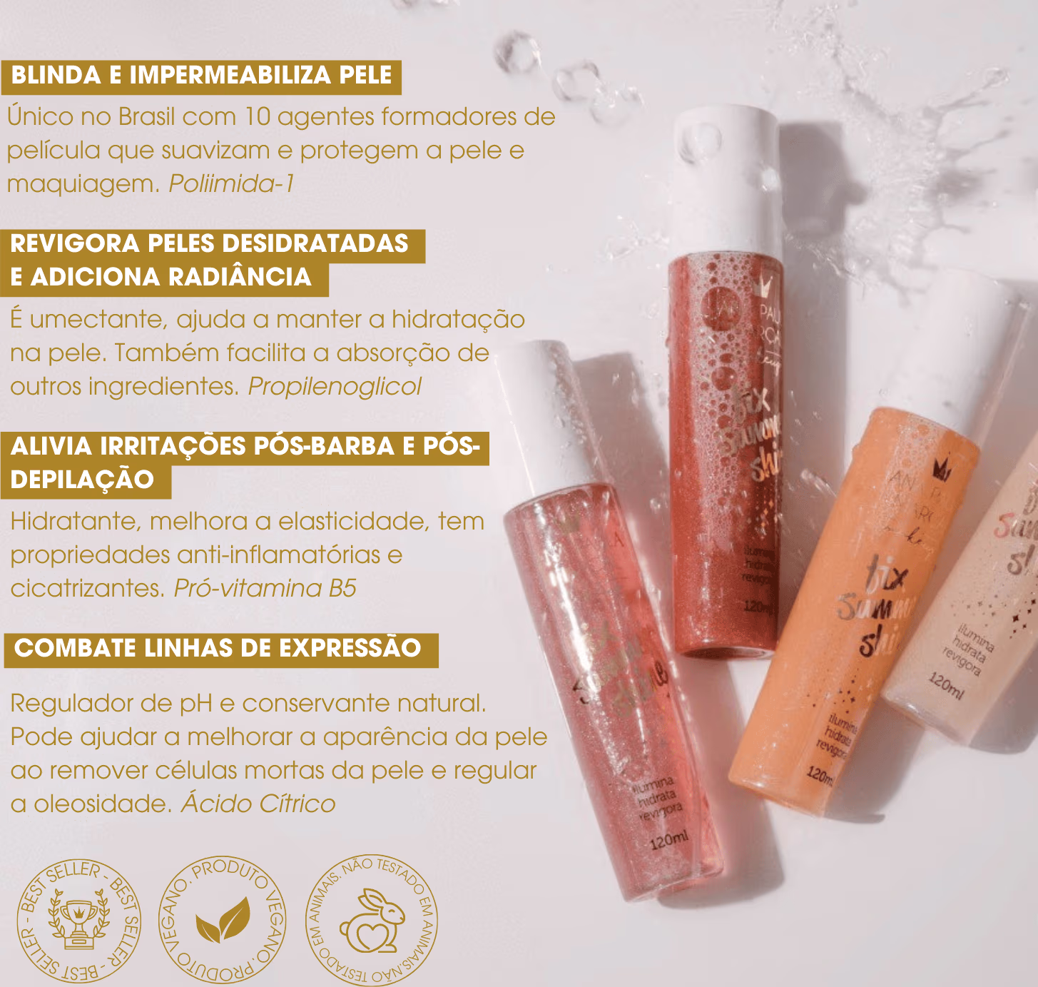O texto destaca os benefícios: "blinda e impermeabiliza pele", "revigora peles desidratadas e adiciona radiância", "alivia irritações pós-barba e pós-depilação" e "combate linhas de expressão".