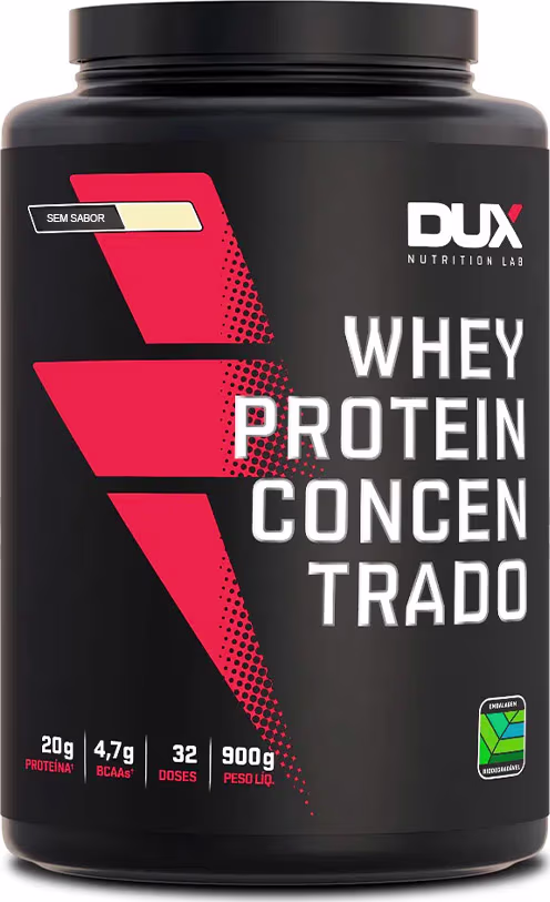 Este é um suplemento alimentar de proteína em pó da marca Dux Nutrition Lab. A embalagem tem formato cilíndrico e exibe o logotipo da marca, bem como informações nutricionais como o teor de proteína (20g por porção), BCAA (4,7g) e o número de doses (32).